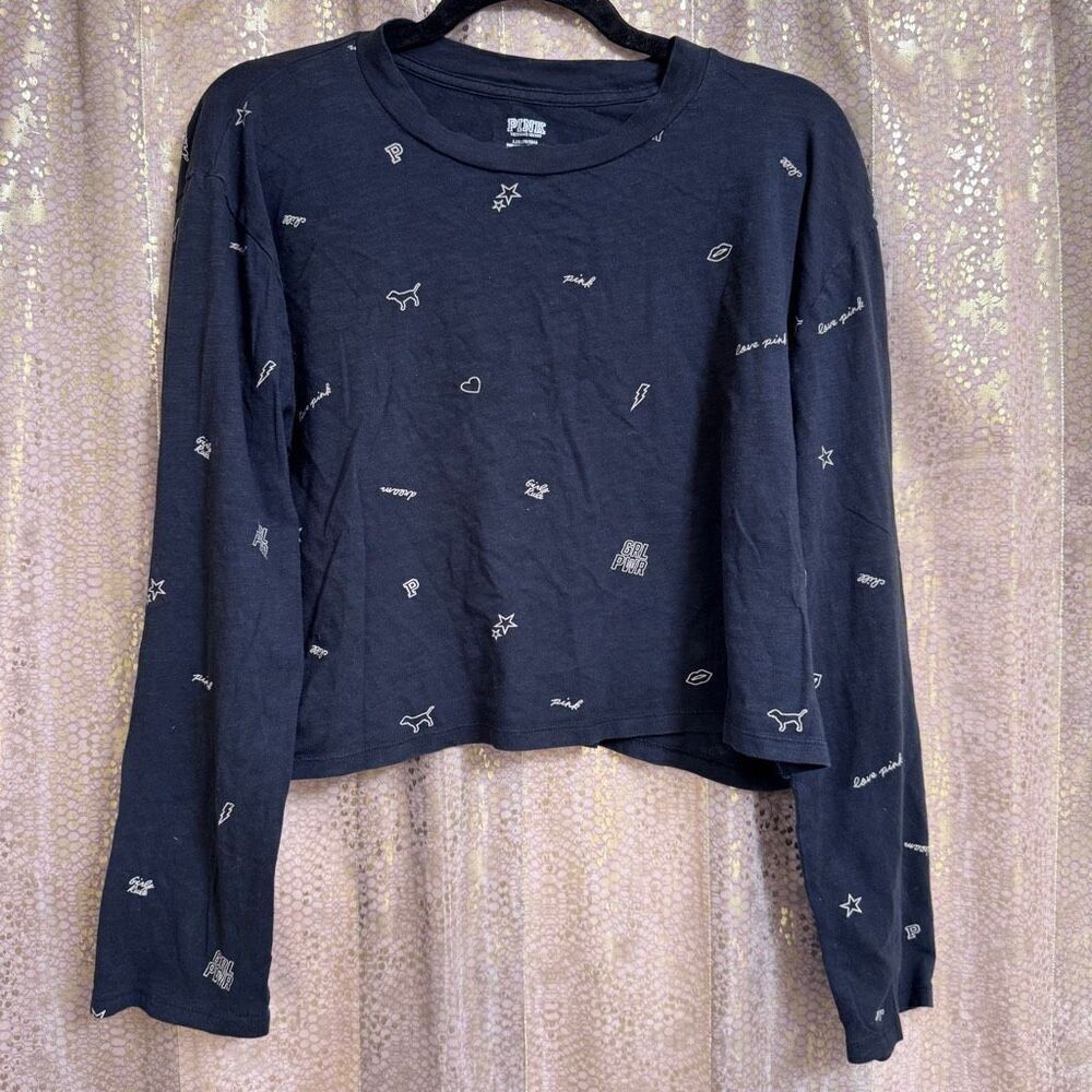 PINK Victorias Secret Black Long Sleeve GRL PWR Cropped T Shirt Large